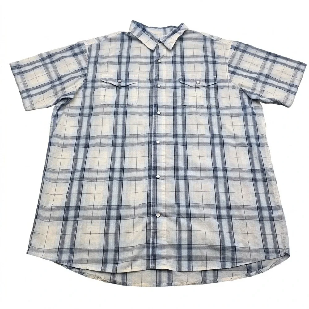 Red Head Brand Co Shirt Mens XL Blue White Plaid Pearl Snap Short Sleeve Cotton